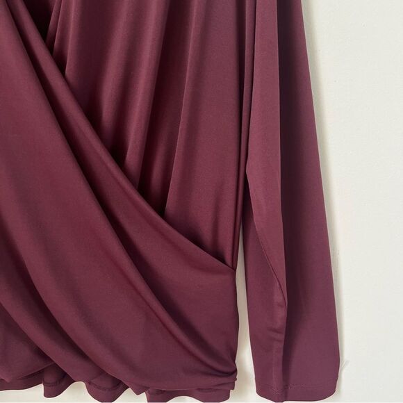 Nine West Asymmetrical Wrap Plunge V Neck Long Sleeve Burgundy Blouse SZ 1X - Picture 3 of 10